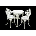 A WHITE PAINTED METAL GARDEN TABLE AND PAIR OF CHAIRS