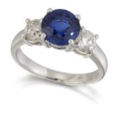 AN 18 CARAT WHITE GOLD SAPPHIRE AND DIAMOND THREE STONE RING