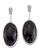 A PAIR OF 18 CARAT WHITE GOLD BLACK SAPPHIRE AND DIAMOND PENDANT EARRINGS