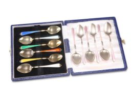 A SET OF SIX ELIZABETH II SILVER AND ENAMEL COFFEE SPOONS