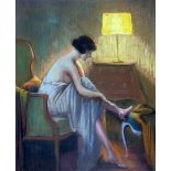 DELPHIN ENJOLRAS (FRENCH, 1857-1945), FEMME AJUSTANT SON BAS