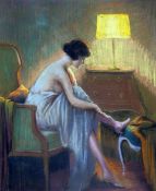 DELPHIN ENJOLRAS (FRENCH, 1857-1945), FEMME AJUSTANT SON BAS