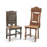 TWO VICTORIAN CARVED OAK HALL CHAIRS