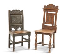 TWO VICTORIAN CARVED OAK HALL CHAIRS
