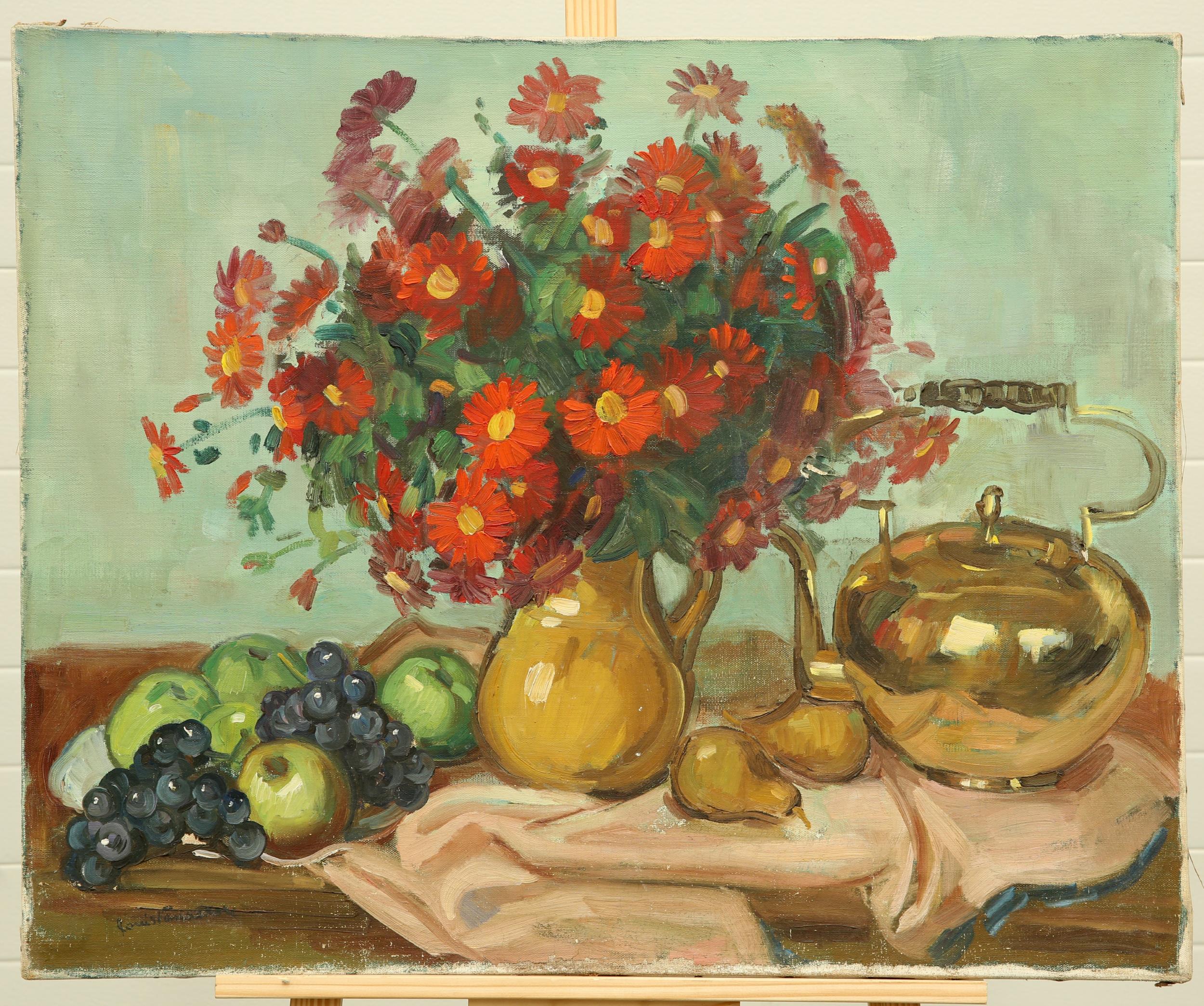 CONTINENTAL SCHOOL, STILL LIFE OF A VASE OF FLOWERS, FRUIT AND TEAPOT