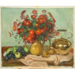 CONTINENTAL SCHOOL, STILL LIFE OF A VASE OF FLOWERS, FRUIT AND TEAPOT