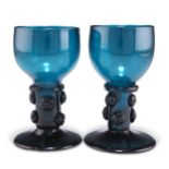 A PAIR OF TURQUOISE GLASS ROEMERS