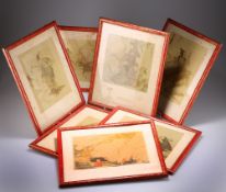 A SET OF SEVEN SIMULATED RED LACQUER PICTURE FRAMES