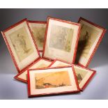 A SET OF SEVEN SIMULATED RED LACQUER PICTURE FRAMES
