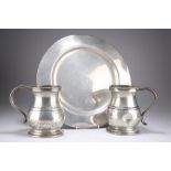 TWO PEWTER QUART TANKARDS AND A PEWTER DISH