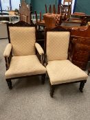 A PAIR OF LATE VICTORIAN BEECH AND UPHOLSTERED DRAWING ROOM CHAIRS