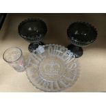 TWO SMOKED GLASS CHALICES AND A COMMEMORATIVE 1837-1887 VICTORIAN PRESSED GLASS PLATE AND MUG