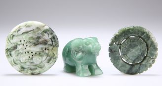 A CARVED SERPENTINE OJIMEA, A CARVED NEPHRITE DISK, AND A CARVED AVENTURINE QUARTZ MODEL OF A RAM