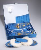A CHINESE BOXED SET OF BLUE SILK PYJAMAS, GOWN AND SLIPPERS