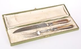 A BOXED SET OF CARVING KNIFE & FORK WITH HORN HANDLES