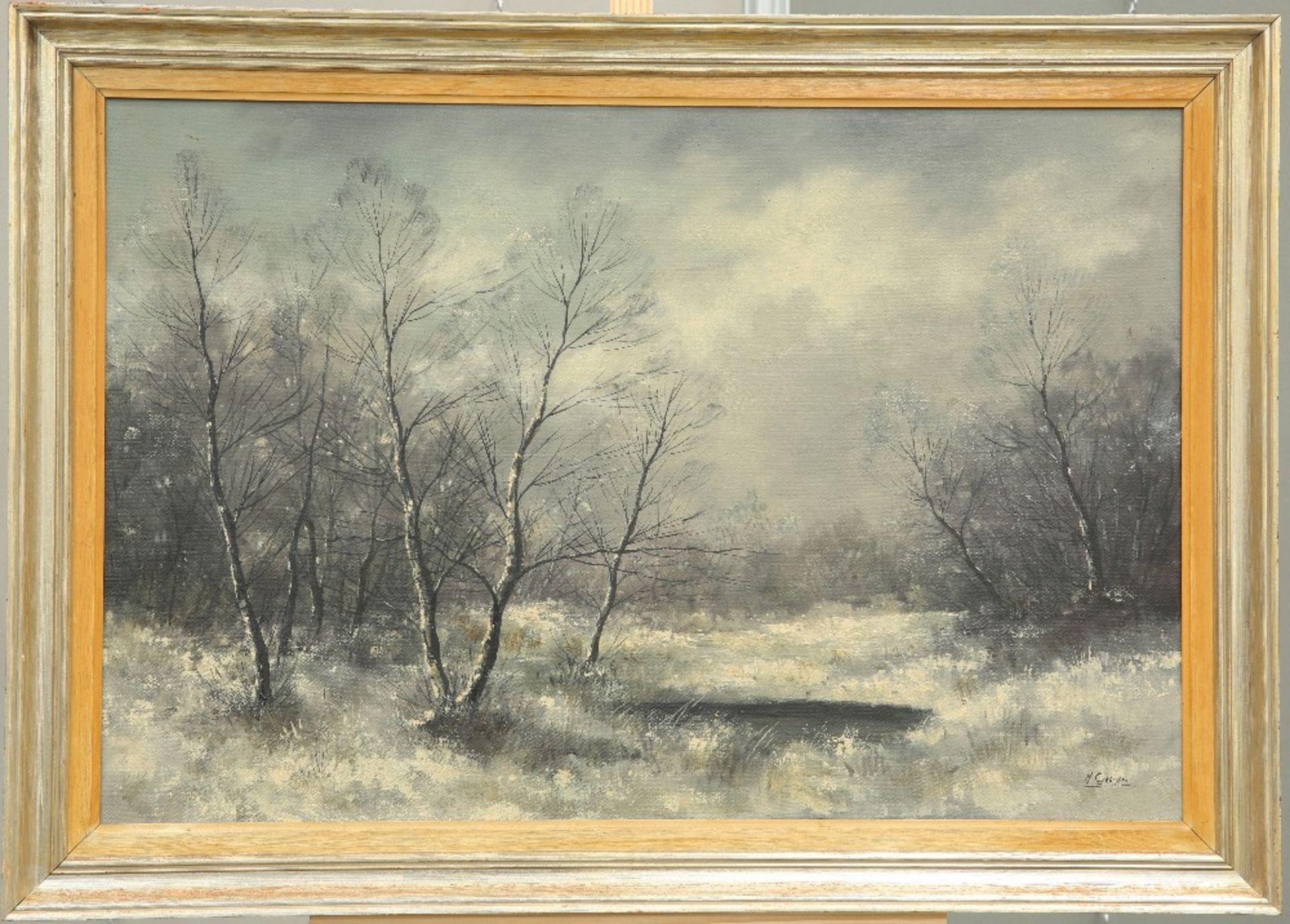 H. GEOISER (?) (20TH CENTURY), POND AND BEECH TREES IN WINTER