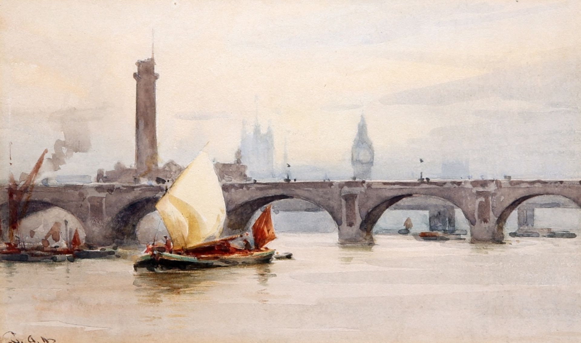 WILLIAM ALISTAIR MACDONALD (1861-1948), BARGES PASSING UNDER WESTMINSTER BRIDGE