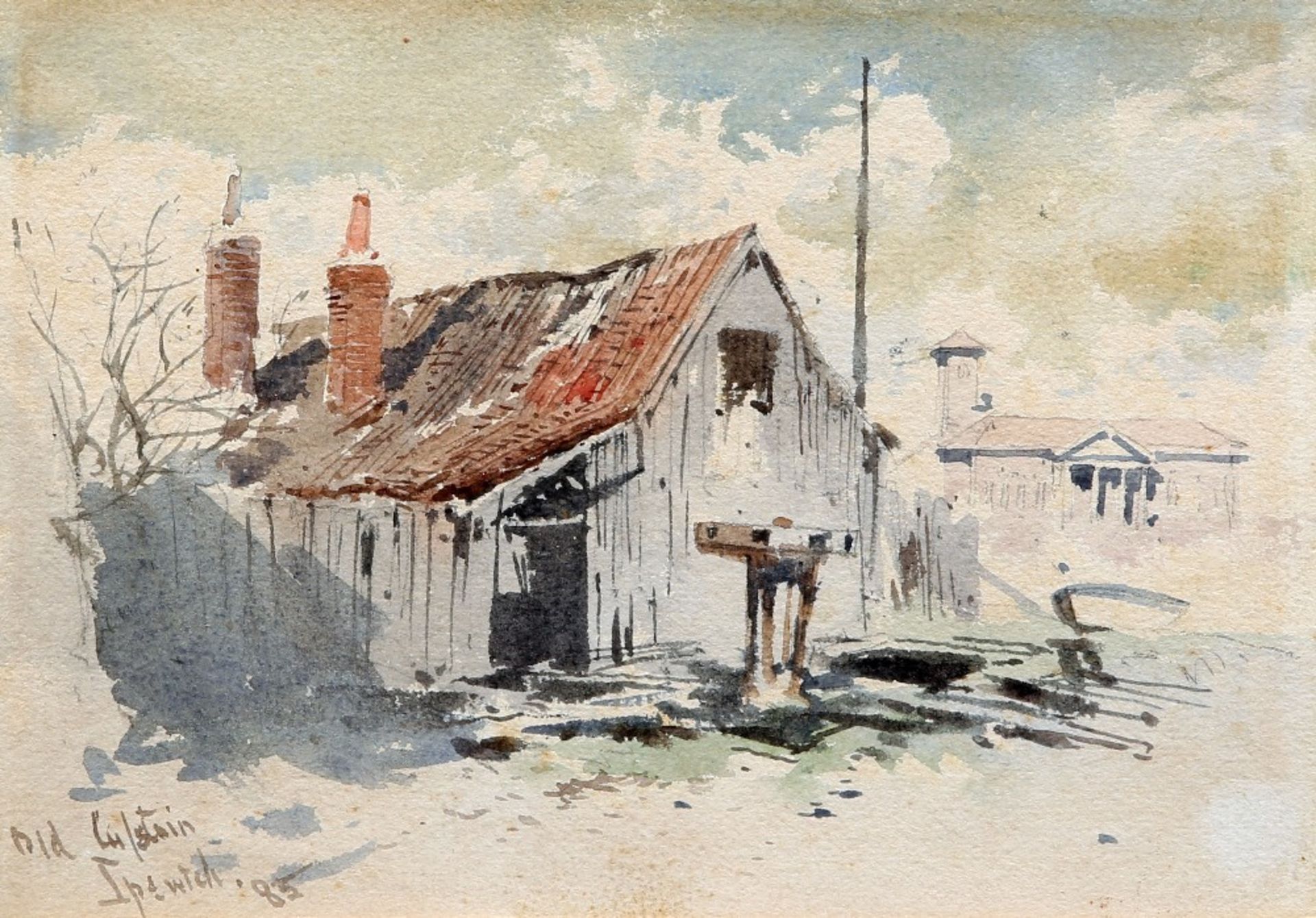 CHARLES ROWBOTHAM (1856-1921), A SHIPWRIGHT'S YARD AT IPSWICH AND OLD CALSTAIN