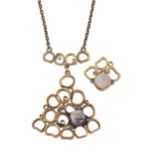 PENTTI SARPANEVA - A FINNISH BRONZE AND AMETHYST PENDANT NECKLACE AND RING SET