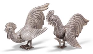 A LARGE PAIR OF IRISH HEAVY SILVER FIGHTING COCKS