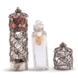 A GEORGE III SILVER FILIGREE SCENT BOTTLE HOLDER AND TAPE MEASURE HOLDER