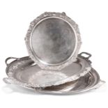 A VICTORIAN SILVER-PLATED SALVER, ETC.