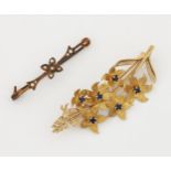 A 9 CARAT GOLD SAPPHIRE FLORAL SPRAY BROOCH AND A SEED PEARL BAR BROOCH