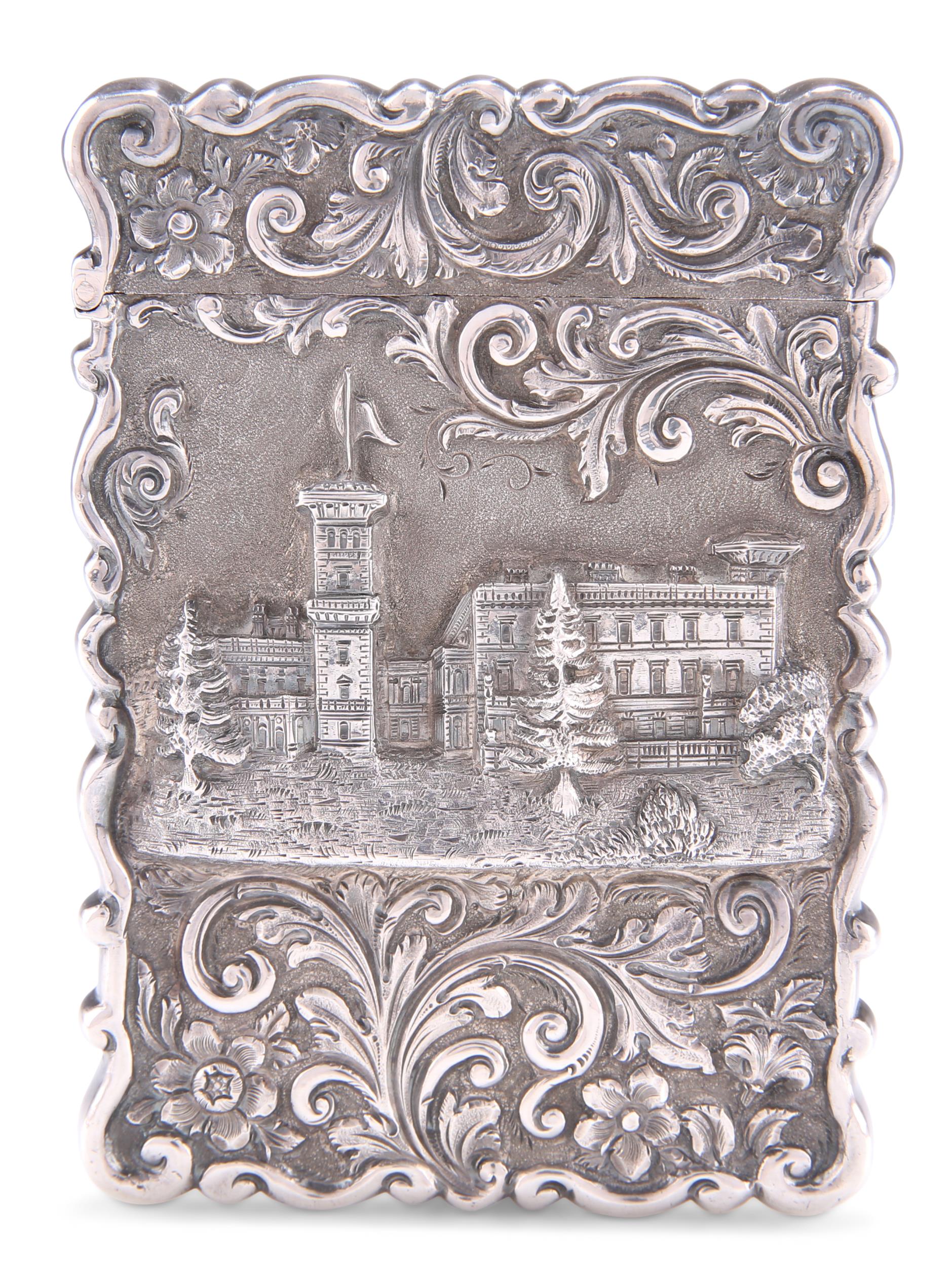 A VICTORIAN RARE SILVER CASTLE-TOP CARD CASE, OSBORNE HOUSE