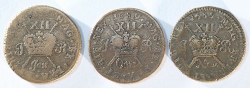 Ireland, 3x James II (1685 - 1688) Gunmoney shillings