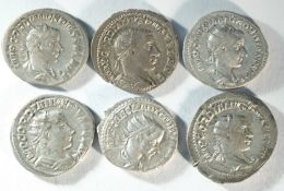 6x silver antoninianii of Gordian III (238 - 244 CE) consisting of: Aequitas holding scales and corn