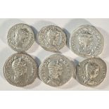6x silver Severan Dynasty coins consisting of: 2x Caracalla (198 - 217 CE) denarius