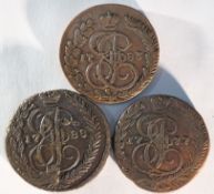 Russia, 3x late 18th century copper 5 kopecks