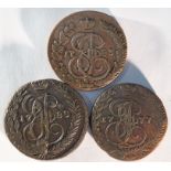 Russia, 3x late 18th century copper 5 kopecks