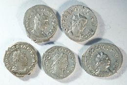 5x silver antoninianii consisting of: 2x Valerian (253 - 260 CE), ORIENS AVGG, Sol standing