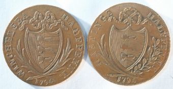 2x Sussex 18th century provincial tokens consisting of: Sussex, Hastings, 1794 halfpenny, DH25, Very
