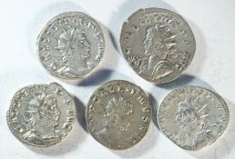 5x silver antoninianii of Gallienus (253 - 268 CE) consisting of: Mars standing in temple, Good Very