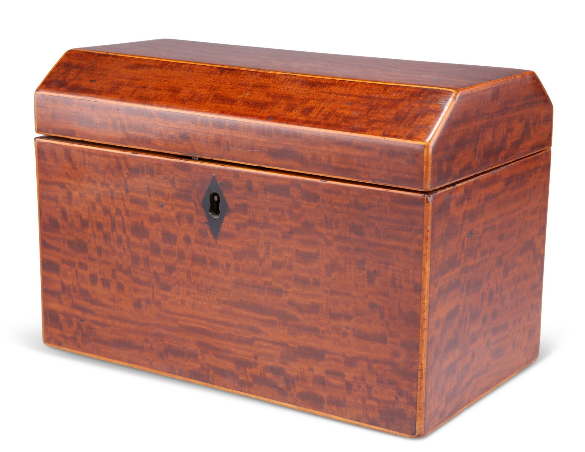 A GEORGE III SATINWOOD TEA CADDY, of small proportions, with hinged domed cover, the interior with