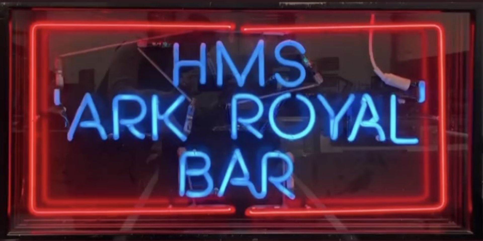 AN ILLUMINATED 'HMS ARK ROYAL / BAR' HANGING SIGN, with two suspension hooks and original metal