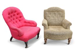 TWO VICTORIAN BUTTON-BACK COUNTRY HOUSE CHAIRS, the first with fluted forelegs, stamped numbers; the