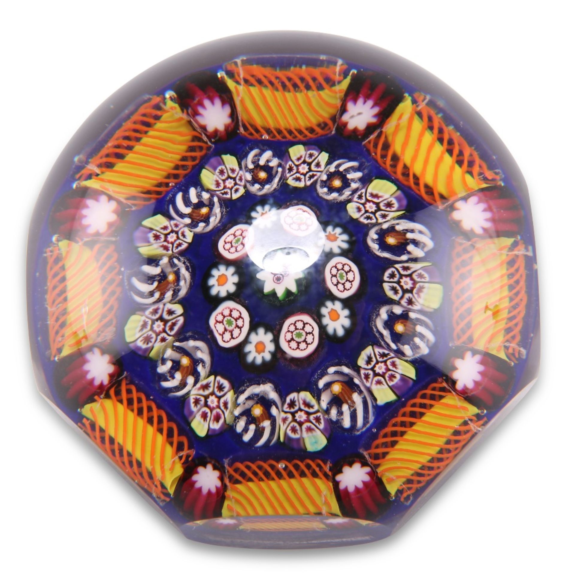 A PAUL YSART MILLEFIORI GLASS PAPERWEIGHT, CIRCA 1930S, octagonal faceted design with concentric