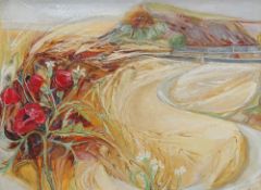 PENNY MCLEAN, "POPPIES BY WALLTOWN CRAGS", signed lower right, label attached verso, oil on