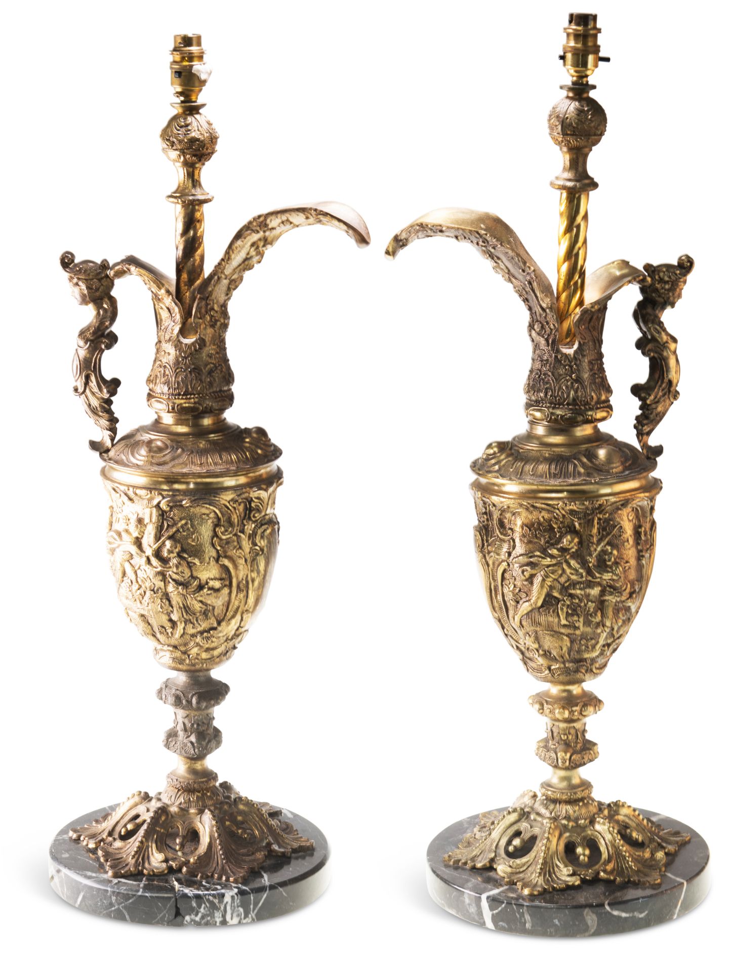 A PAIR OF RENAISSANCE REVIVAL LARGE BRASS EWER LAMPS, 19TH CENTURY, each cast with figures and