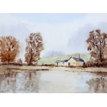 JOHN F.W. WATSON, FARM BUILDINGS BY THE LOCH, signed with initials lower left, watercolour,