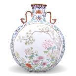 A CHINESE ENAMELLED DOUCAI AND FAMILLE ROSE MOONFLASK, the flattened globular body rising from a