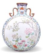 A CHINESE ENAMELLED DOUCAI AND FAMILLE ROSE MOONFLASK, the flattened globular body rising from a