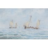 DAVID KING (20TH CENTURY), SAILING SHIPS NEAR WHITBY HARBOUR, watercolour drawing, signed lower