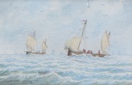 DAVID KING (20TH CENTURY), SAILING SHIPS NEAR WHITBY HARBOUR, watercolour drawing, signed lower