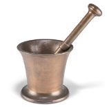 A BRONZE APOTHECARY PESTLE AND MORTAR, typical form with flared rim, the pestle double ended. Mortar