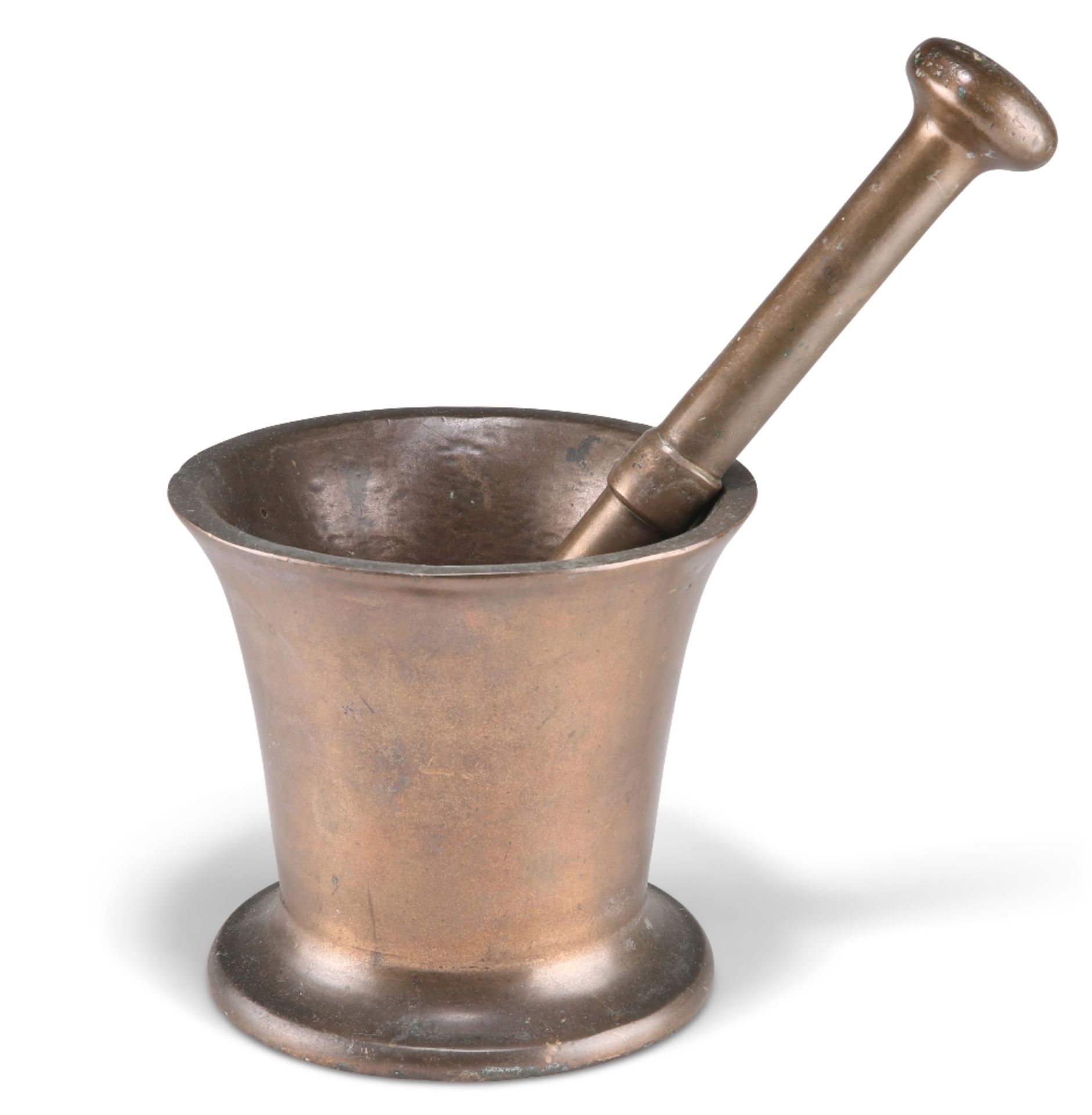 A BRONZE APOTHECARY PESTLE AND MORTAR, typical form with flared rim, the pestle double ended. Mortar