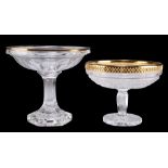 A GILT-METAL MOUNTED GLASS TAZZA, the faceted shallow bowl raised on a stepped hexagonal foot and